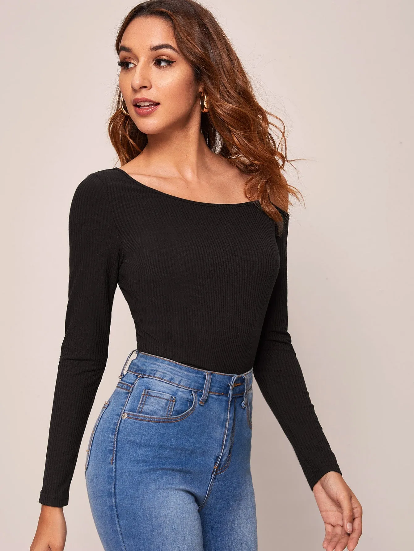 Chain Strap Asymmetrical Neck Rib-knit Tee( Clearance Sale)