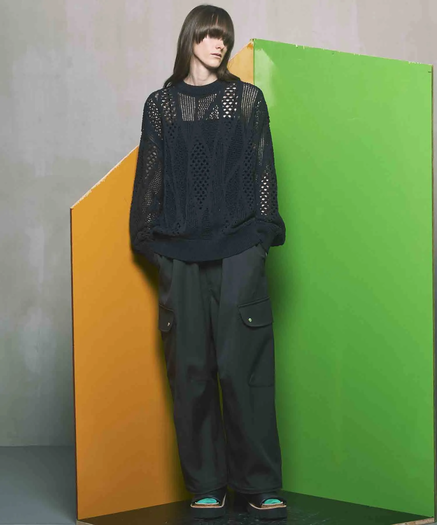 Chambray Wool Prime-Wide Three-Dimensional Cutting Cargo Pants