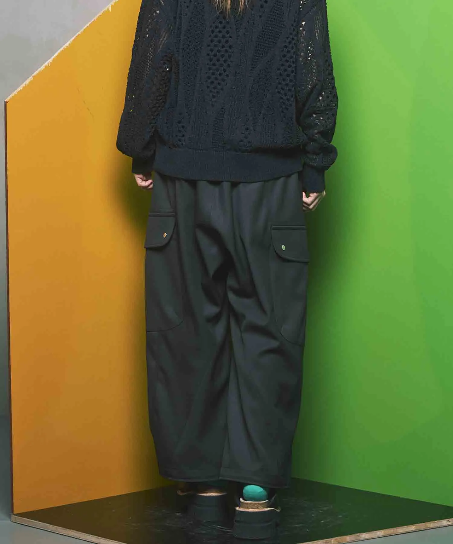 Chambray Wool Prime-Wide Three-Dimensional Cutting Cargo Pants