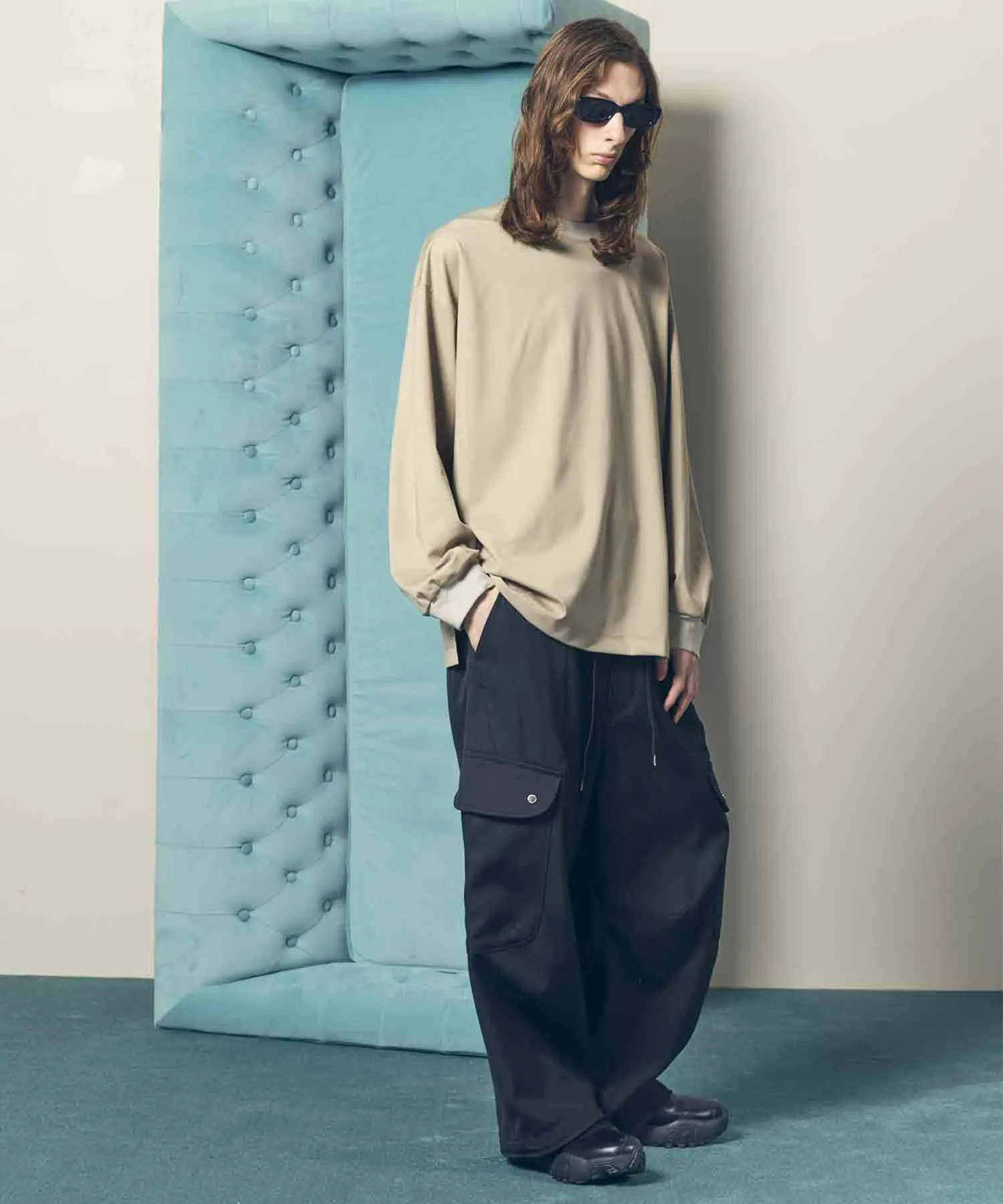 Chambray Wool Prime-Wide Three-Dimensional Cutting Cargo Pants