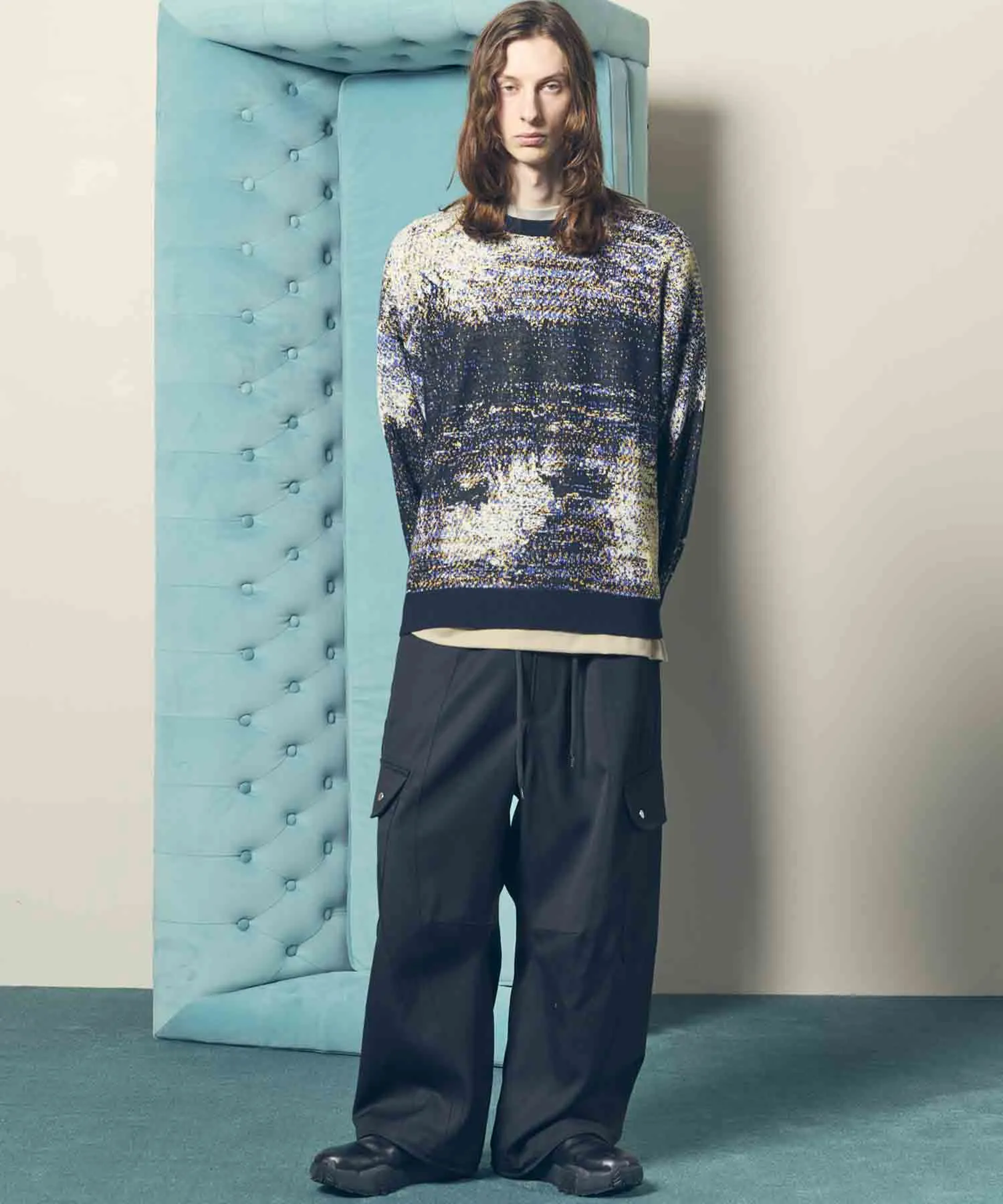 Chambray Wool Prime-Wide Three-Dimensional Cutting Cargo Pants