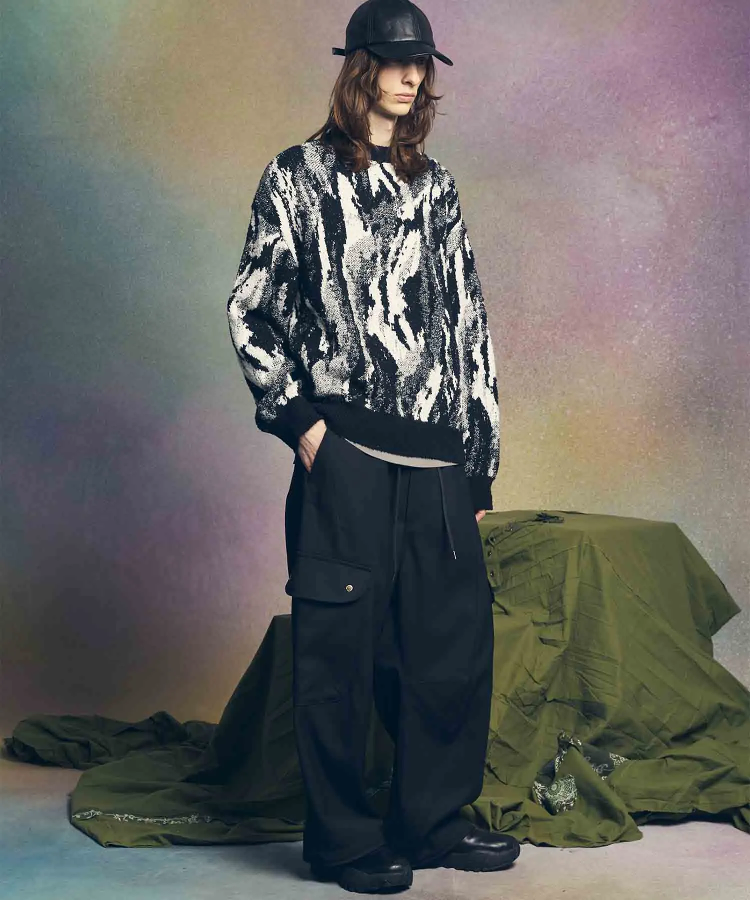 Chambray Wool Prime-Wide Three-Dimensional Cutting Cargo Pants