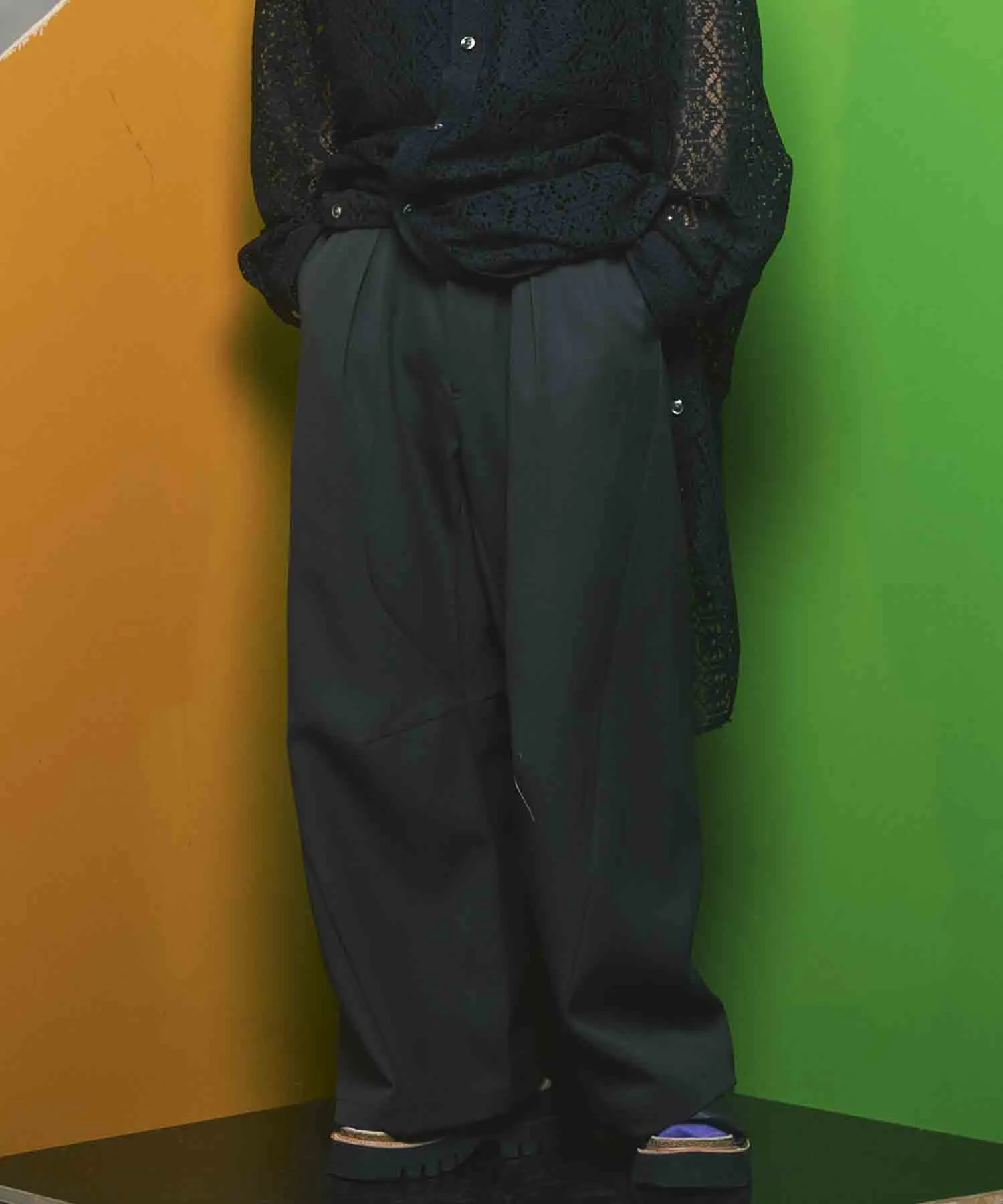 Chambray Wool Prime-Wide Three-Dimensional Cutting Pants