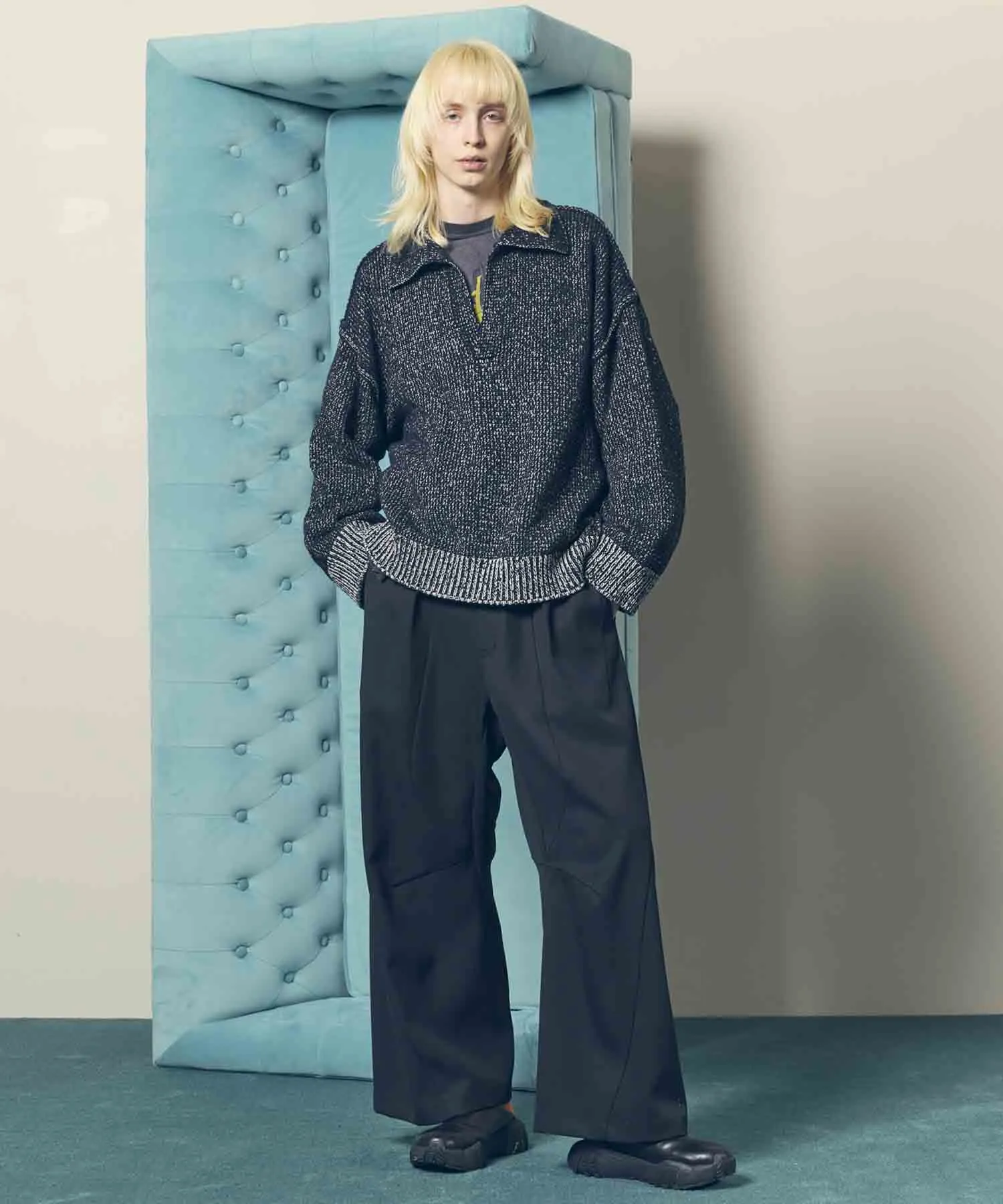 Chambray Wool Prime-Wide Three-Dimensional Cutting Pants