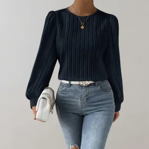 Chic Pleated Round Neck Long Sleeve Ladies Blouse