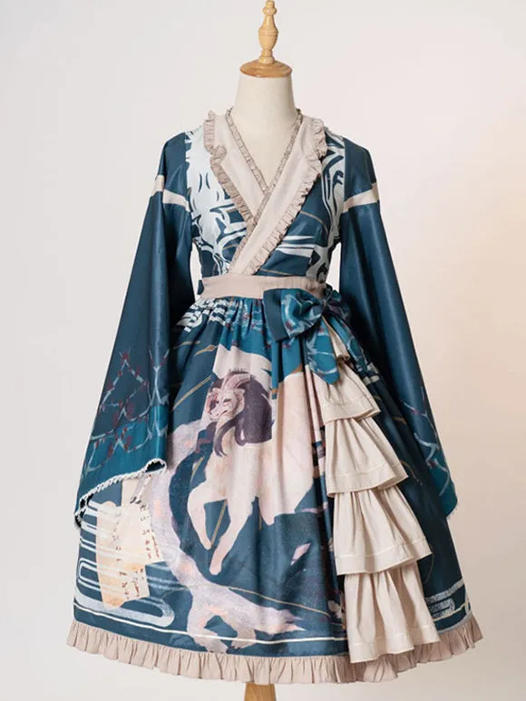 Chinese Style Lolita Dress Bows Long Sleeves Polyester Chinese Style Floral Print Teal Chinese Style Lolita