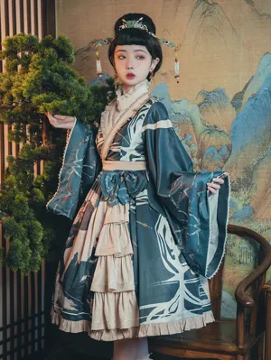 Chinese Style Lolita Dress Bows Long Sleeves Polyester Chinese Style Floral Print Teal Chinese Style Lolita