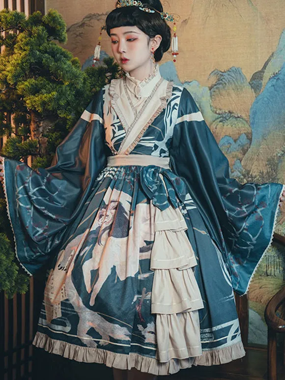 Chinese Style Lolita Dress Bows Long Sleeves Polyester Chinese Style Floral Print Teal Chinese Style Lolita