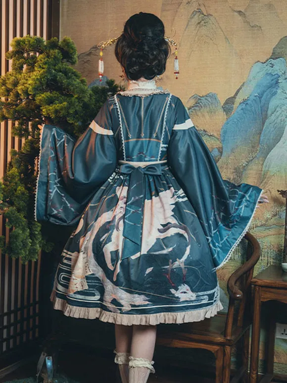 Chinese Style Lolita Dress Bows Long Sleeves Polyester Chinese Style Floral Print Teal Chinese Style Lolita