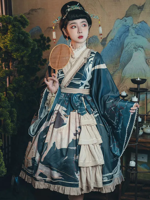 Chinese Style Lolita Dress Bows Long Sleeves Polyester Chinese Style Floral Print Teal Chinese Style Lolita