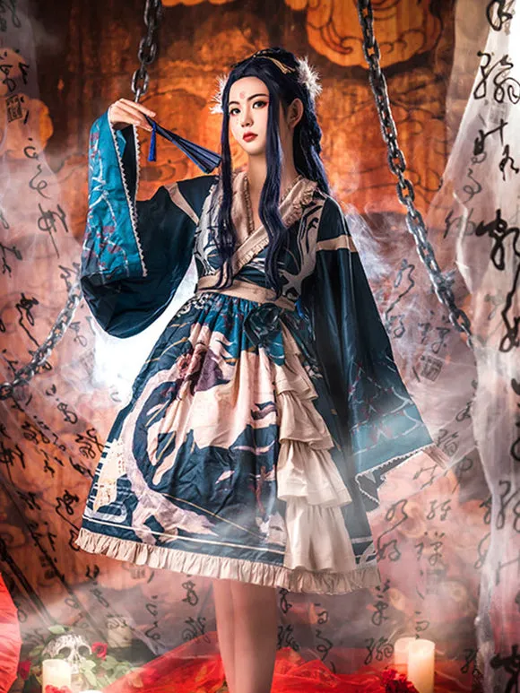 Chinese Style Lolita Dress Bows Long Sleeves Polyester Chinese Style Floral Print Teal Chinese Style Lolita