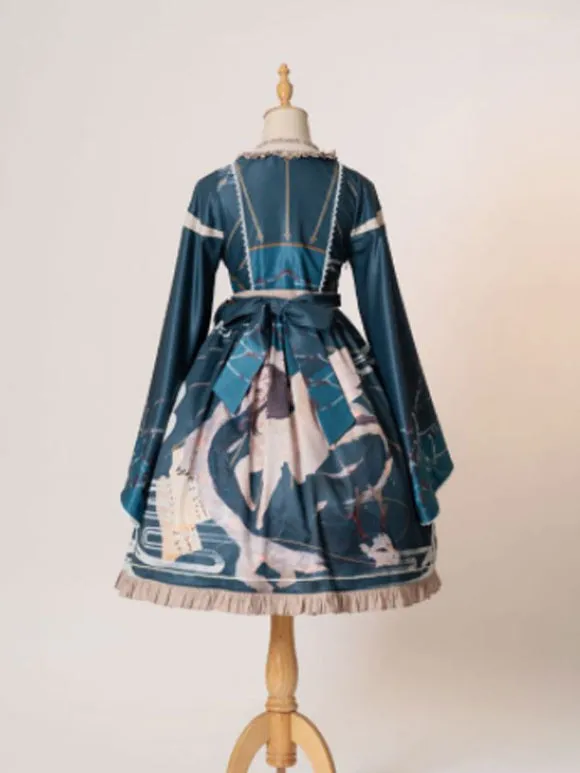 Chinese Style Lolita Dress Bows Long Sleeves Polyester Chinese Style Floral Print Teal Chinese Style Lolita