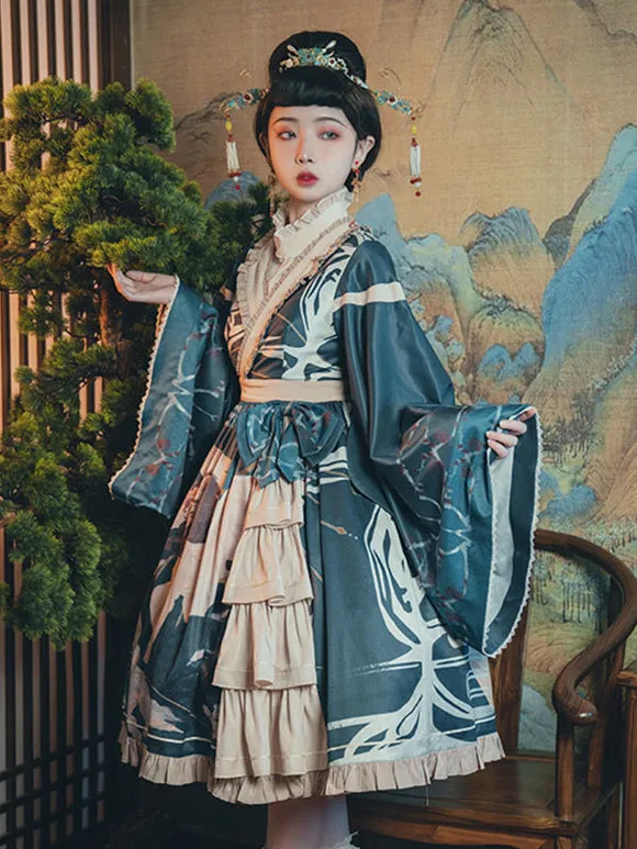 Chinese Style Lolita Dress Bows Long Sleeves Polyester Chinese Style Floral Print Teal Chinese Style Lolita