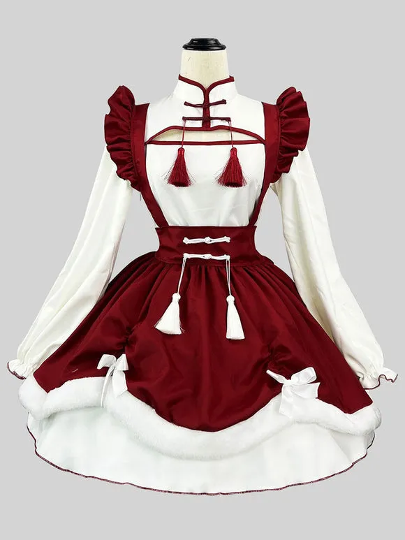 Chinese Style Maid Lolita Dress Ruffles Long Sleeves Polyester Red Lolita Dress