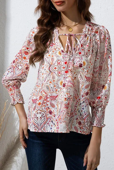 Clara Printed Tie Neck Long Sleeve Blouse