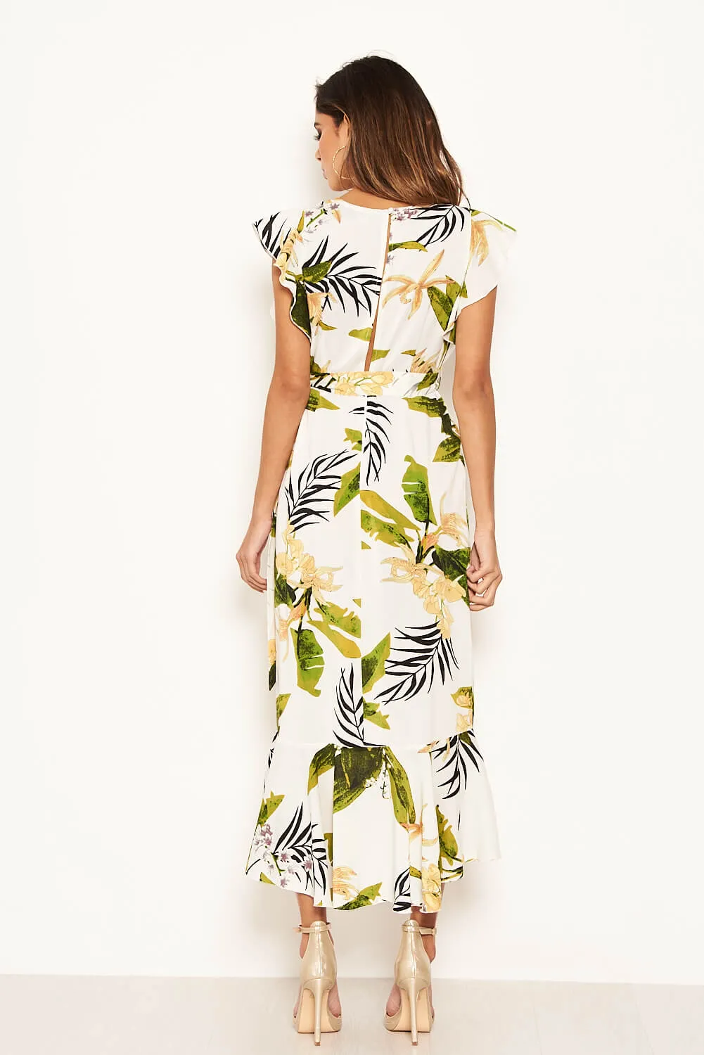 Cream Tropical Print Frill Wrap Dress With D Ring Belt