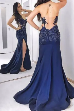 Dark Blue Strapless Long Evening Dress Sexy Sweetheart Appliqued Prom Dresses