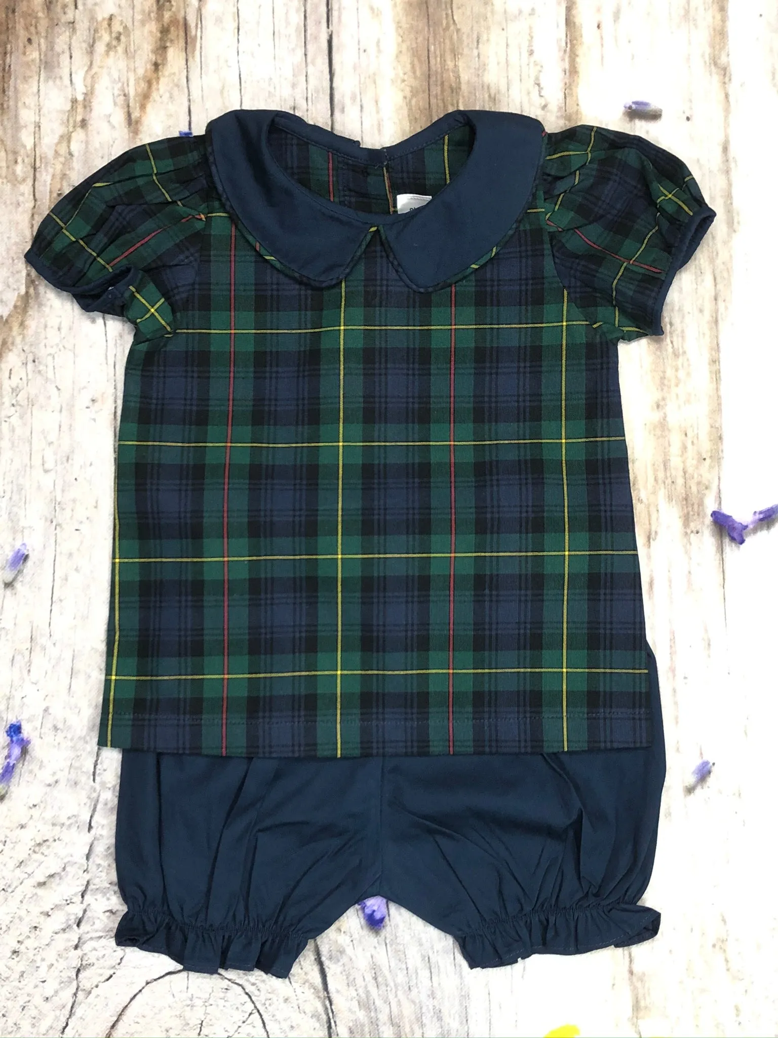Dark green plaid shirt and girls shorts set