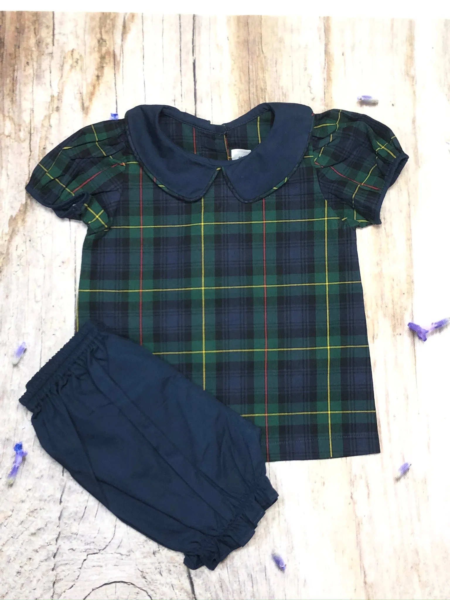 Dark green plaid shirt and girls shorts set