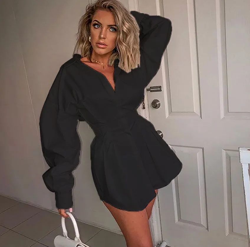 Deep V Long Puff Sleeve Shirtdress