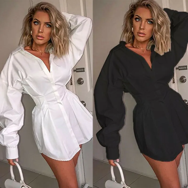 Deep V Long Puff Sleeve Shirtdress