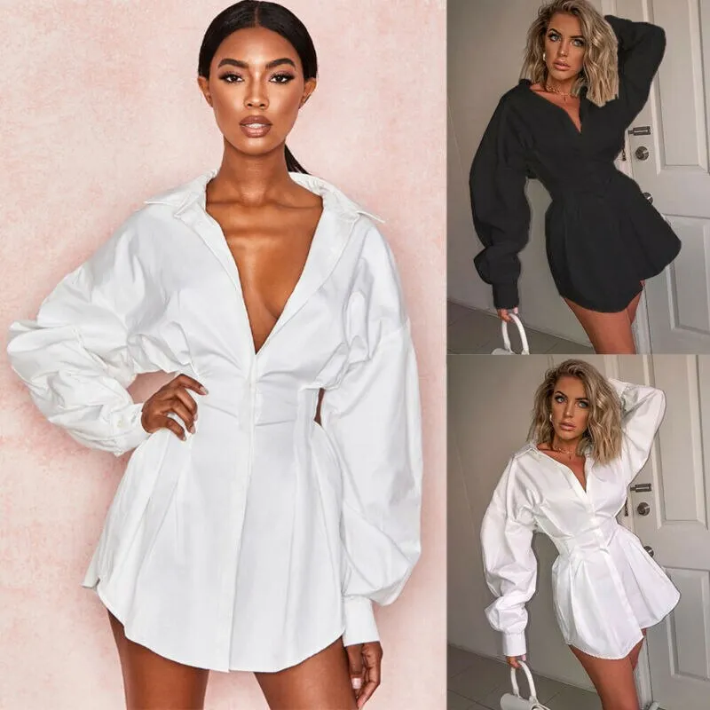 Deep V Long Puff Sleeve Shirtdress