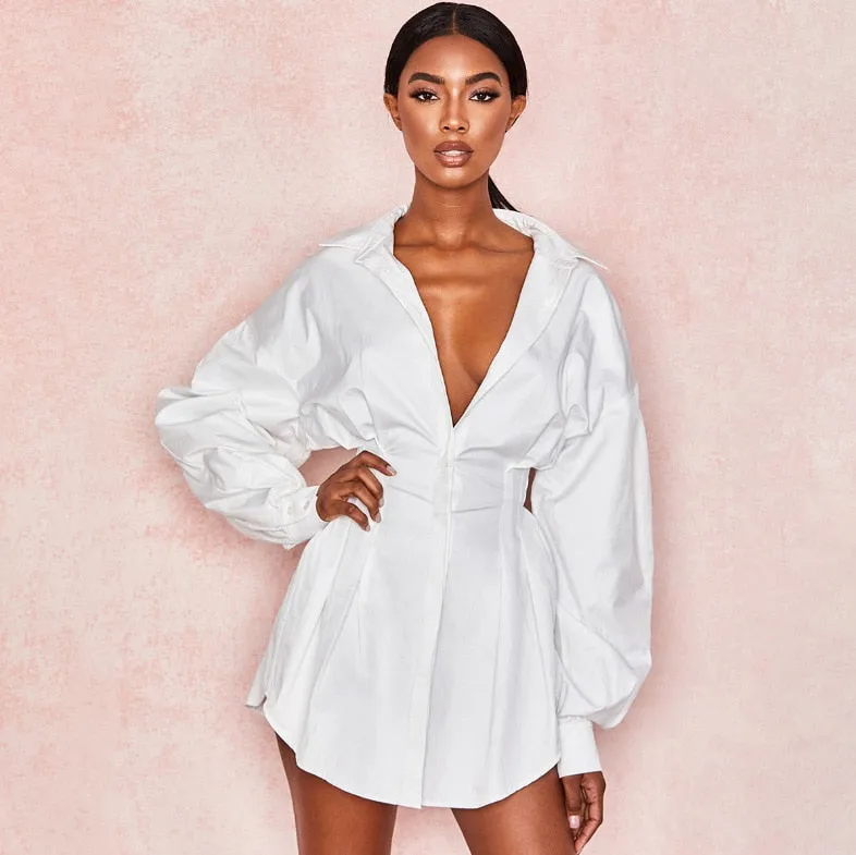 Deep V Long Puff Sleeve Shirtdress