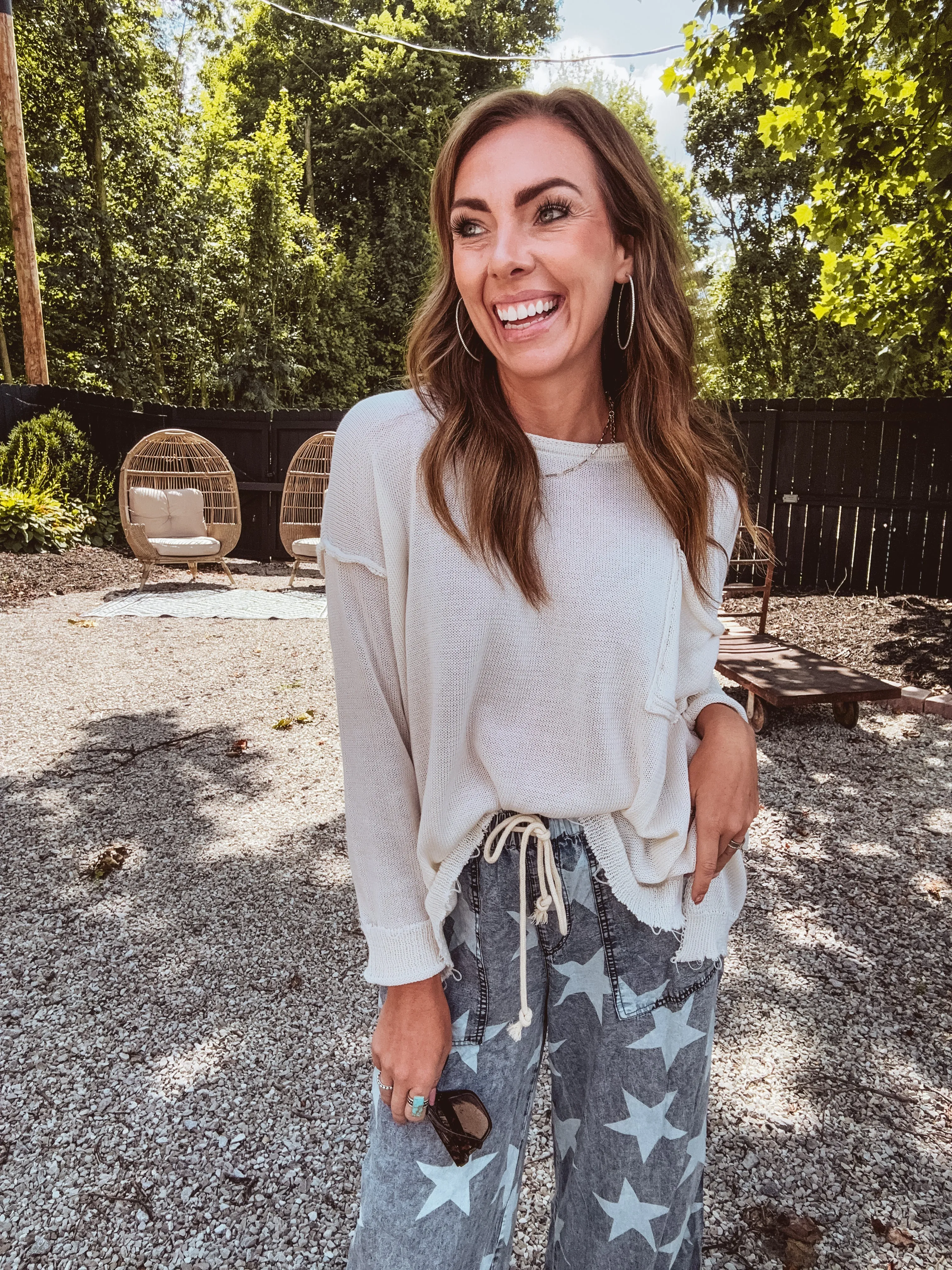 Denim Mineral Wash Star Print Wide Leg Pant