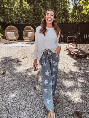 Denim Mineral Wash Star Print Wide Leg Pant