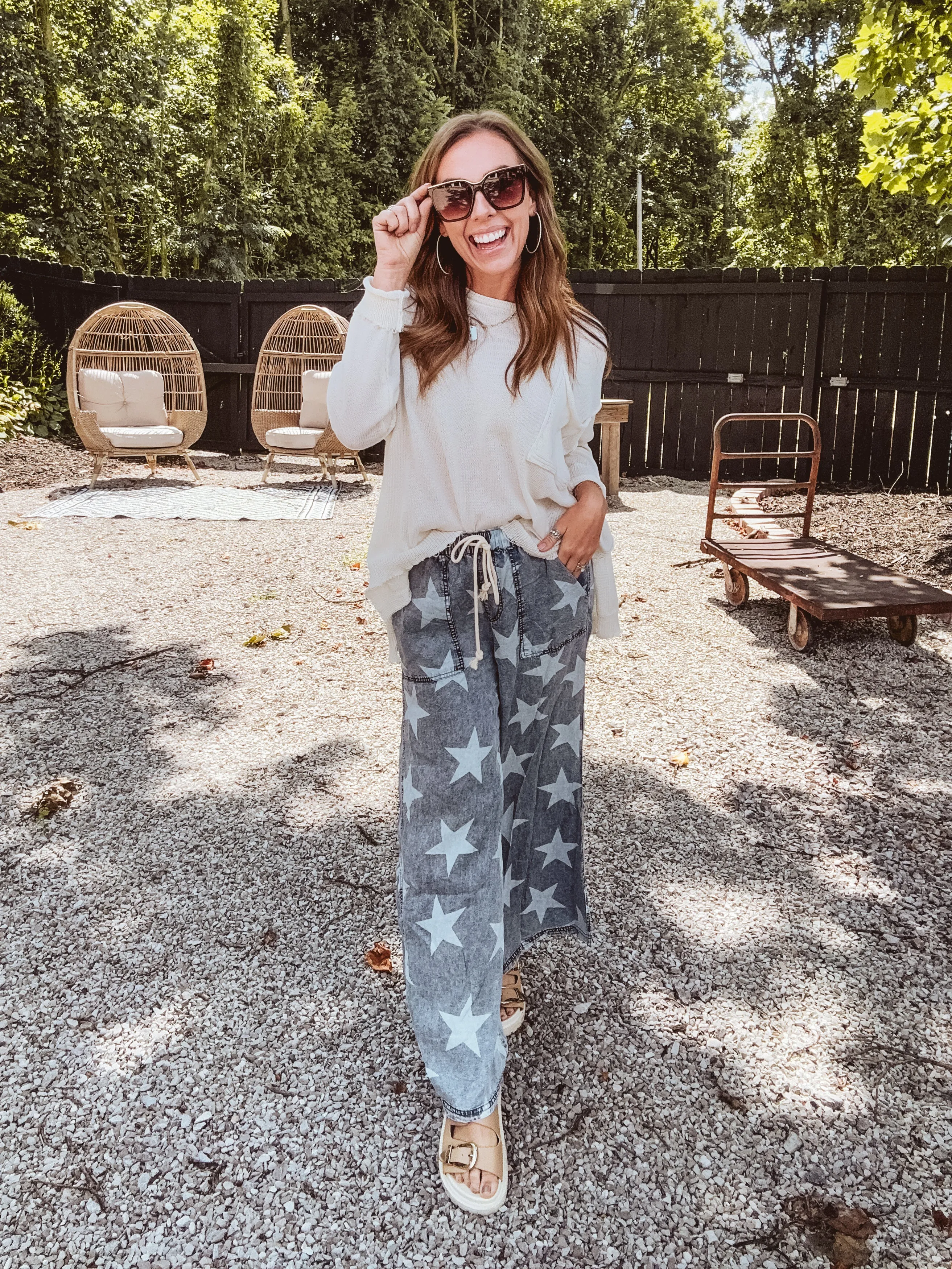 Denim Mineral Wash Star Print Wide Leg Pant