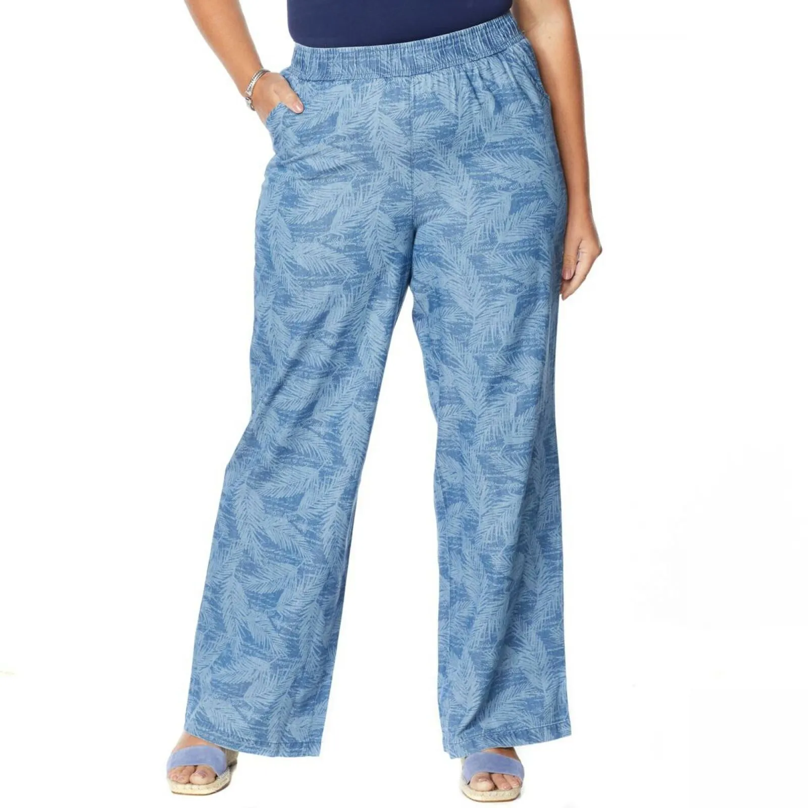 DG2 by Diane Gilman Women's Plus Size SoftCell Chambray Wide Leg Pants