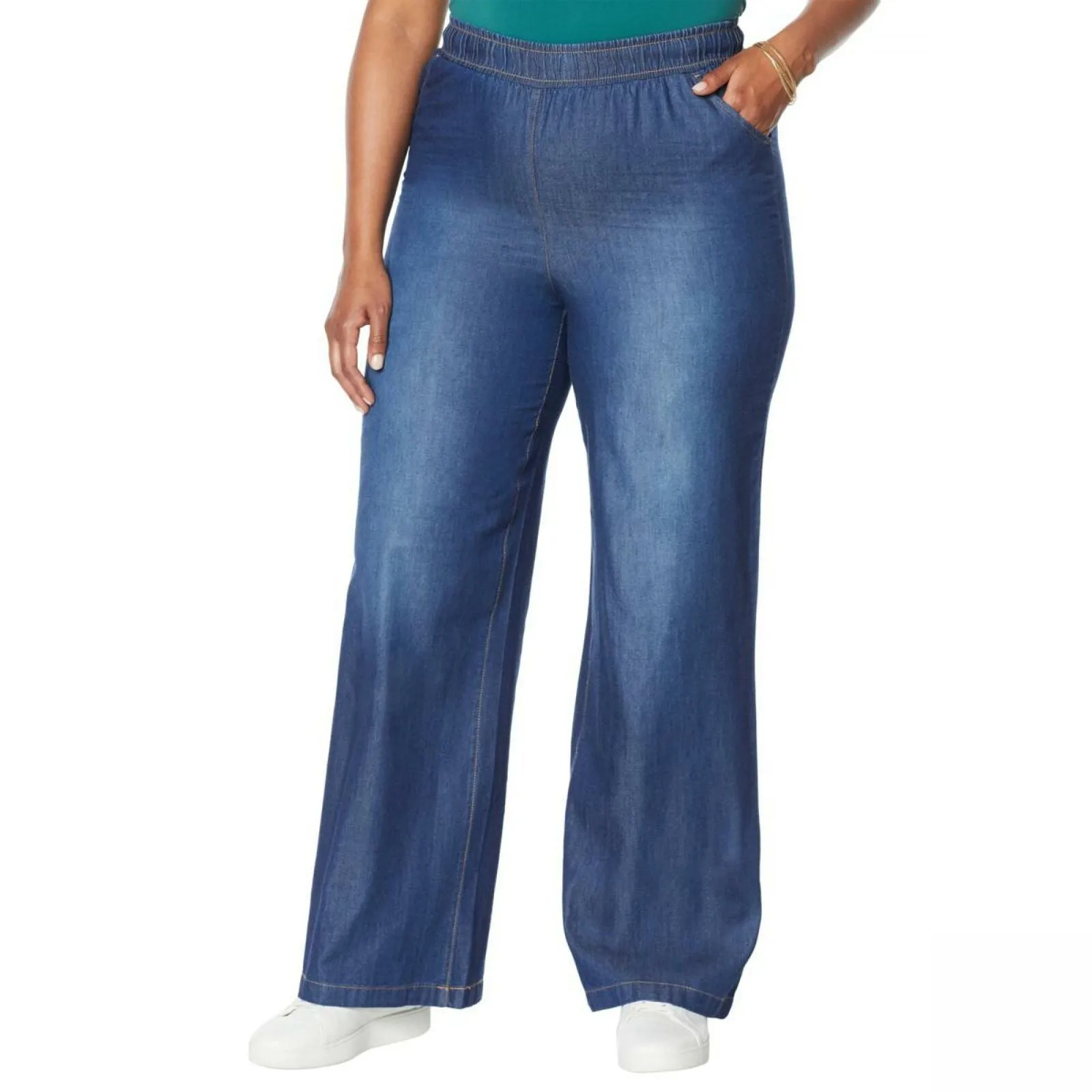 DG2 by Diane Gilman Women's Plus Size SoftCell Chambray Wide Leg Pants