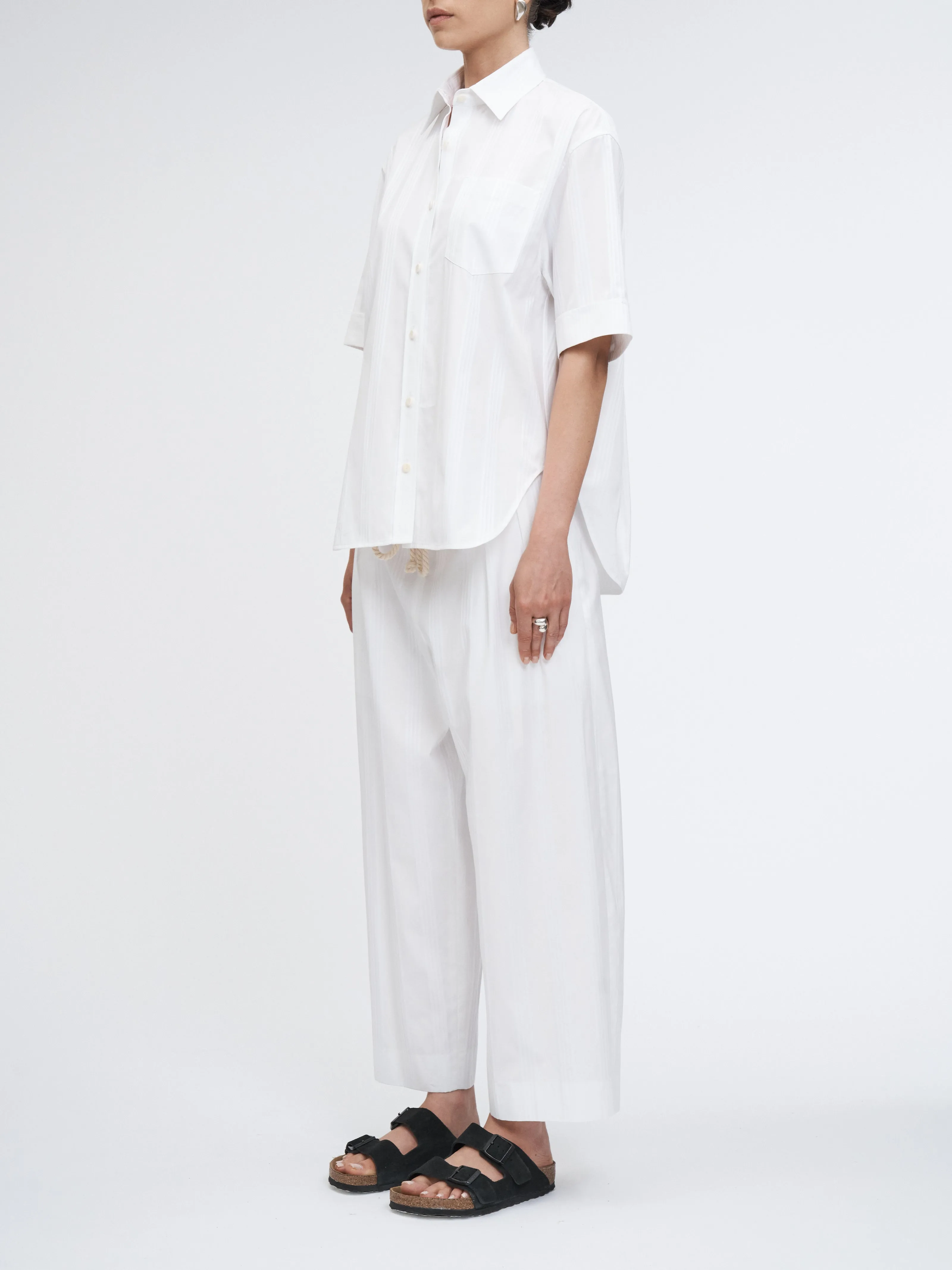 Drawstring Pleat Front Pant in White/White Stripe