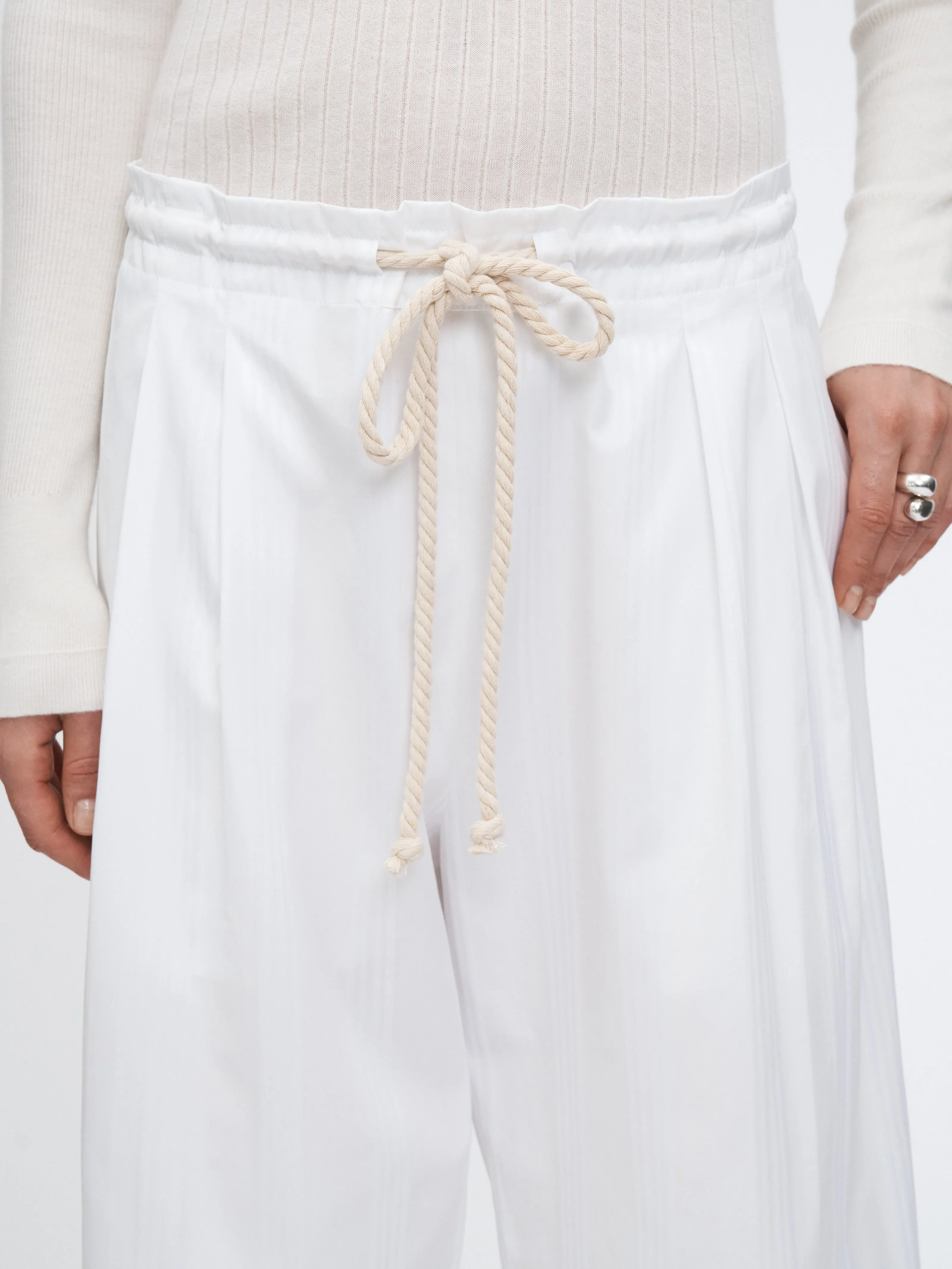 Drawstring Pleat Front Pant in White/White Stripe