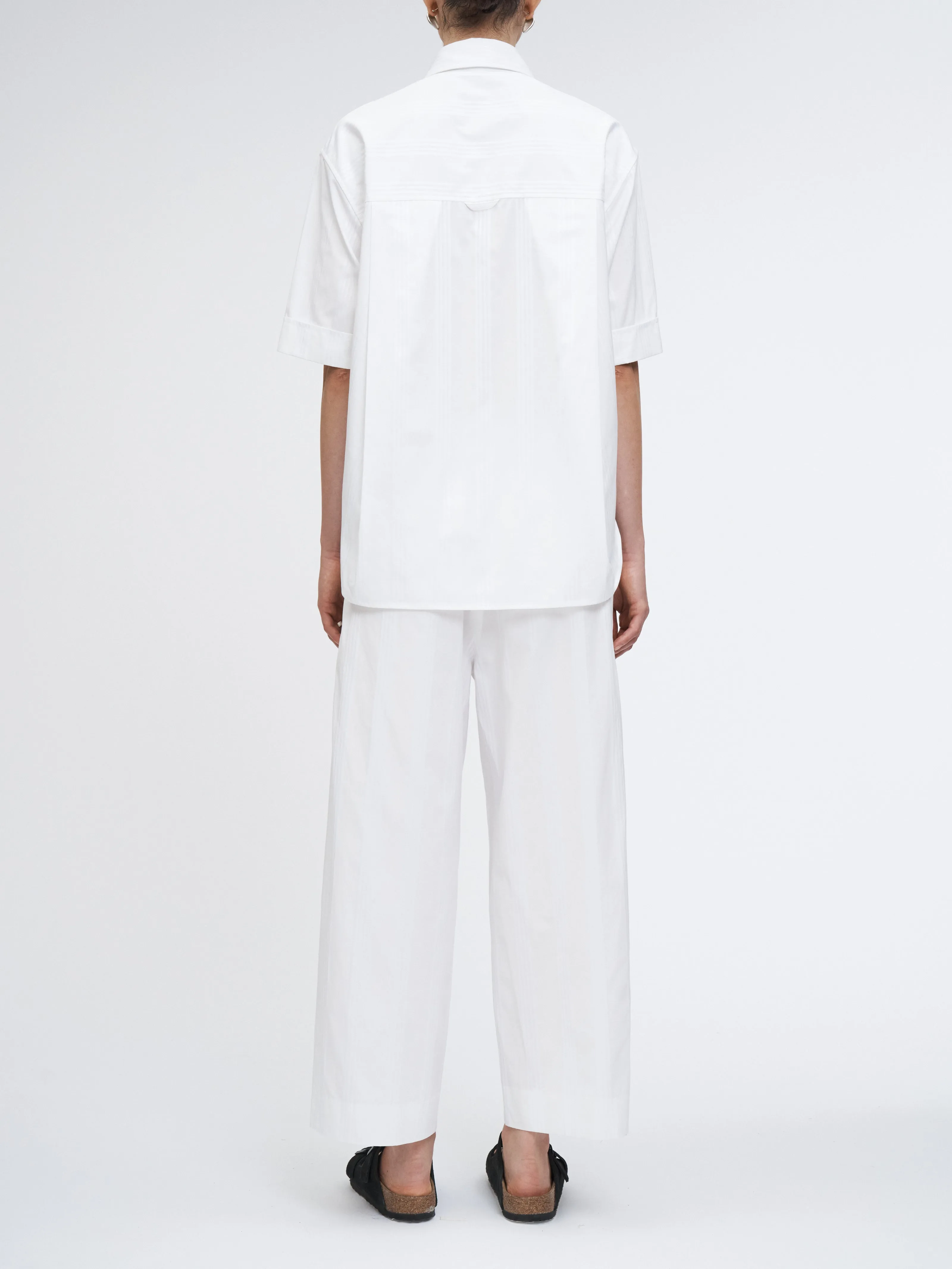 Drawstring Pleat Front Pant in White/White Stripe
