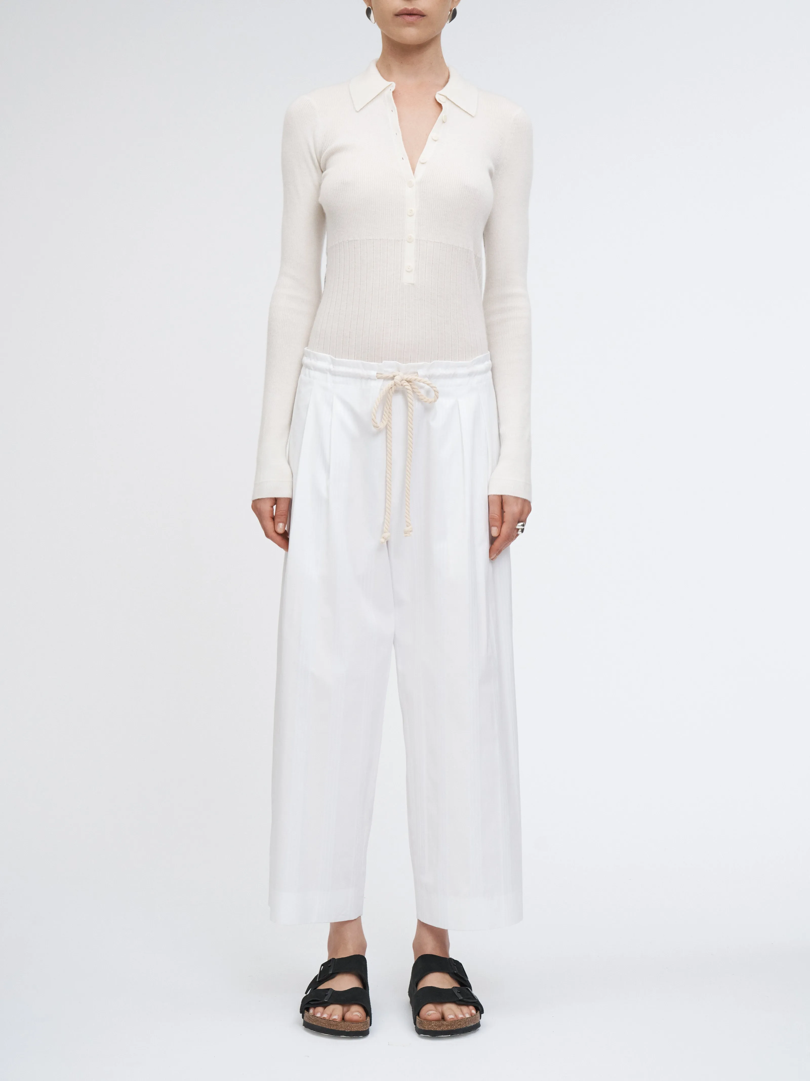 Drawstring Pleat Front Pant in White/White Stripe