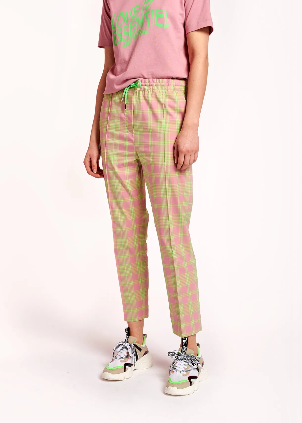 Dusty pink plaid cotton-blend pants