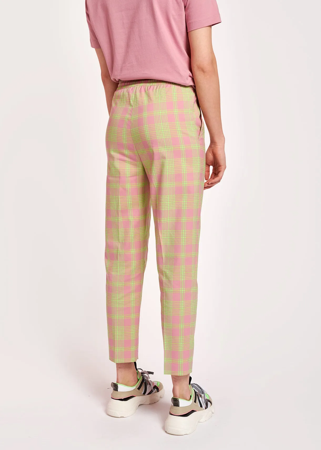 Dusty pink plaid cotton-blend pants