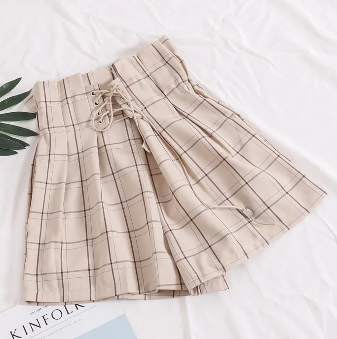 Elastic Waist With Tie Plaid Shorts