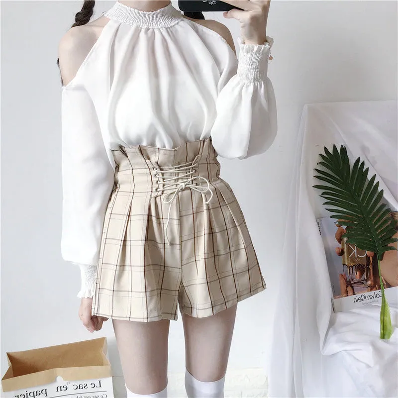 Elastic Waist With Tie Plaid Shorts