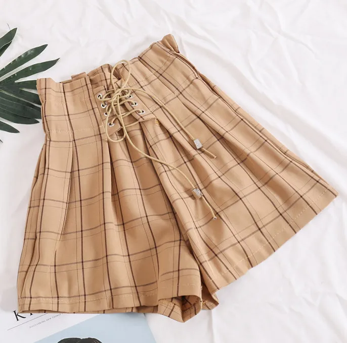 Elastic Waist With Tie Plaid Shorts