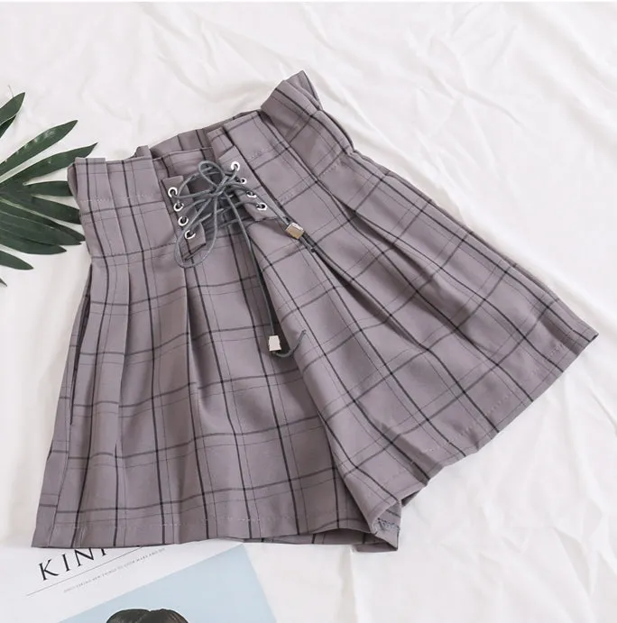 Elastic Waist With Tie Plaid Shorts