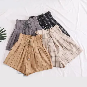 Elastic Waist With Tie Plaid Shorts