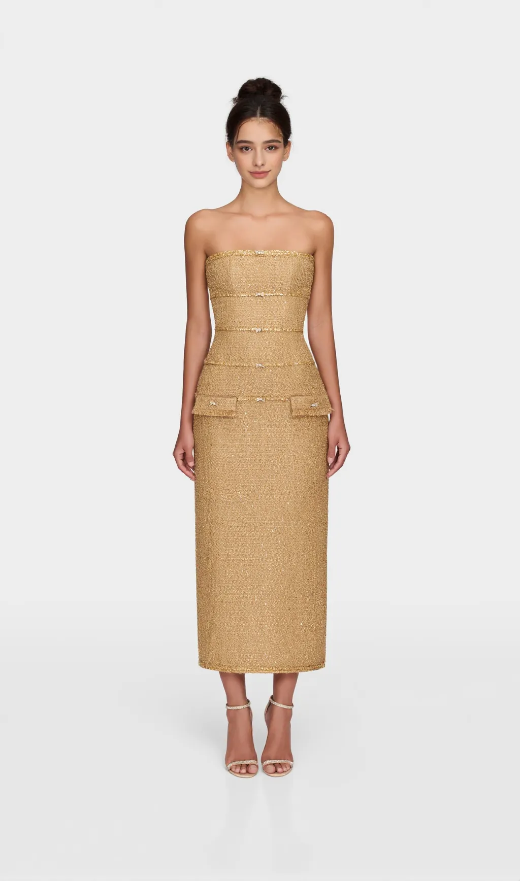 Elborno Gold Embellished Strapless Midi Dress