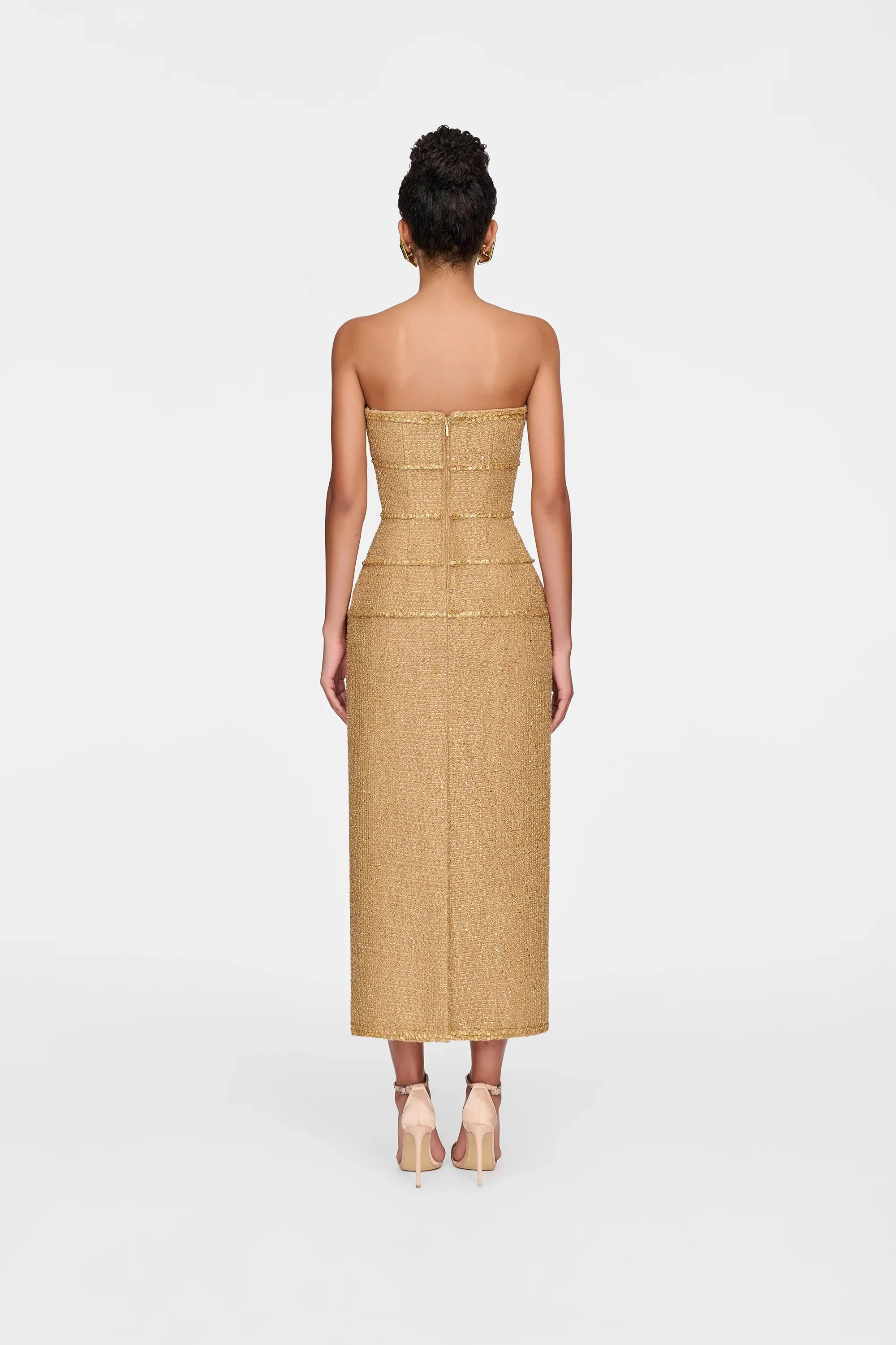 Elborno Gold Embellished Strapless Midi Dress