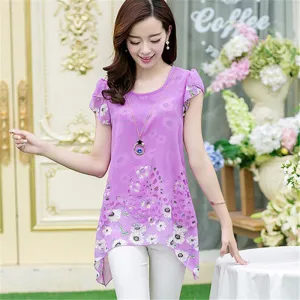 Elegant Women Floral Print Long Tops Asymmetric Hem Chiffon Blouse Tee Shirt Plus Size M-XXXL