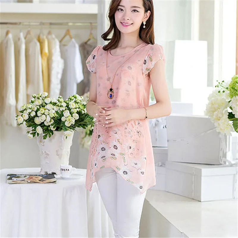 Elegant Women Floral Print Long Tops Asymmetric Hem Chiffon Blouse Tee Shirt Plus Size M-XXXL