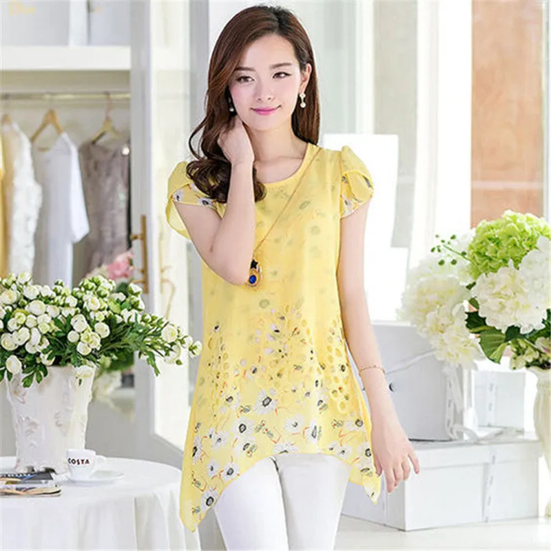 Elegant Women Floral Print Long Tops Asymmetric Hem Chiffon Blouse Tee Shirt Plus Size M-XXXL