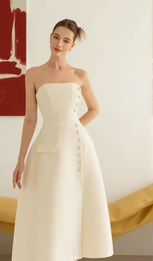 Elio button-embellished Midi Dress in cream