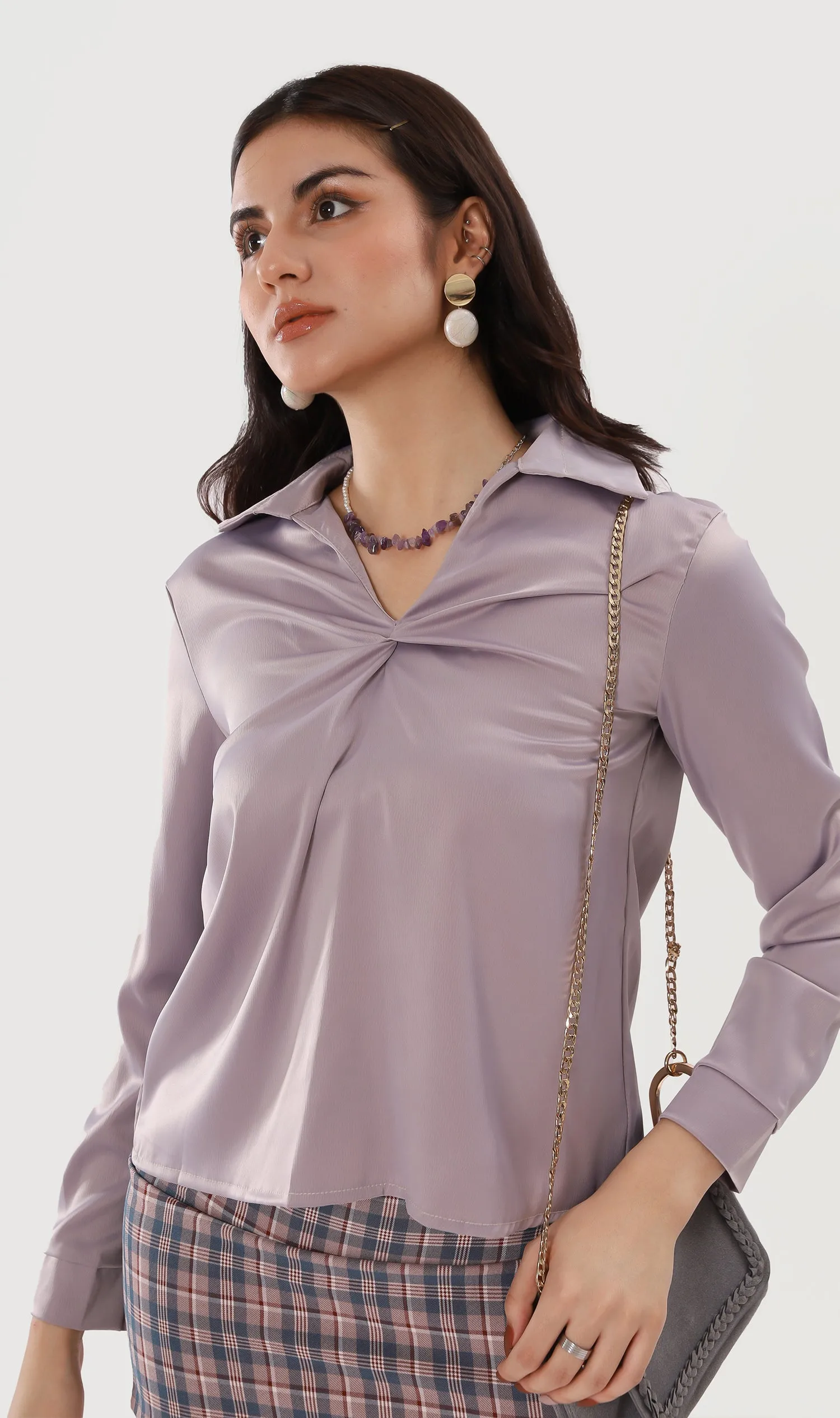 ELLIS Ruched-Front Collared Top (Lavander)